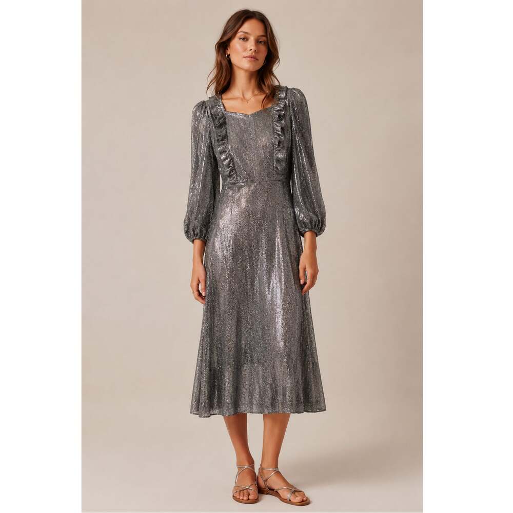 Metallic Prairie Midi Dress 8 Vintage 70s Cottagecore Long Balloon Sleeve SILVER